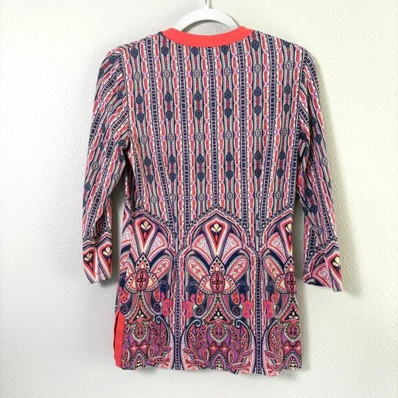 J McLaughlin Tunic Top Size S Coral Navy Paisley 3/4 Sleeve Catalina Cloth - Picture 4 of 12